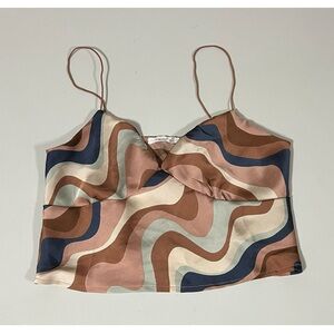 Timing Tan Brown Blue Satin Abstract Swirl Tank Crop Top Shirt Blouse Size S 🤎✨
